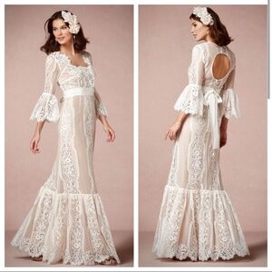 BHLDN Tracy Reese Arabella Lace Wedding Gown Ivory Blush Bell‎ Sleeve 4